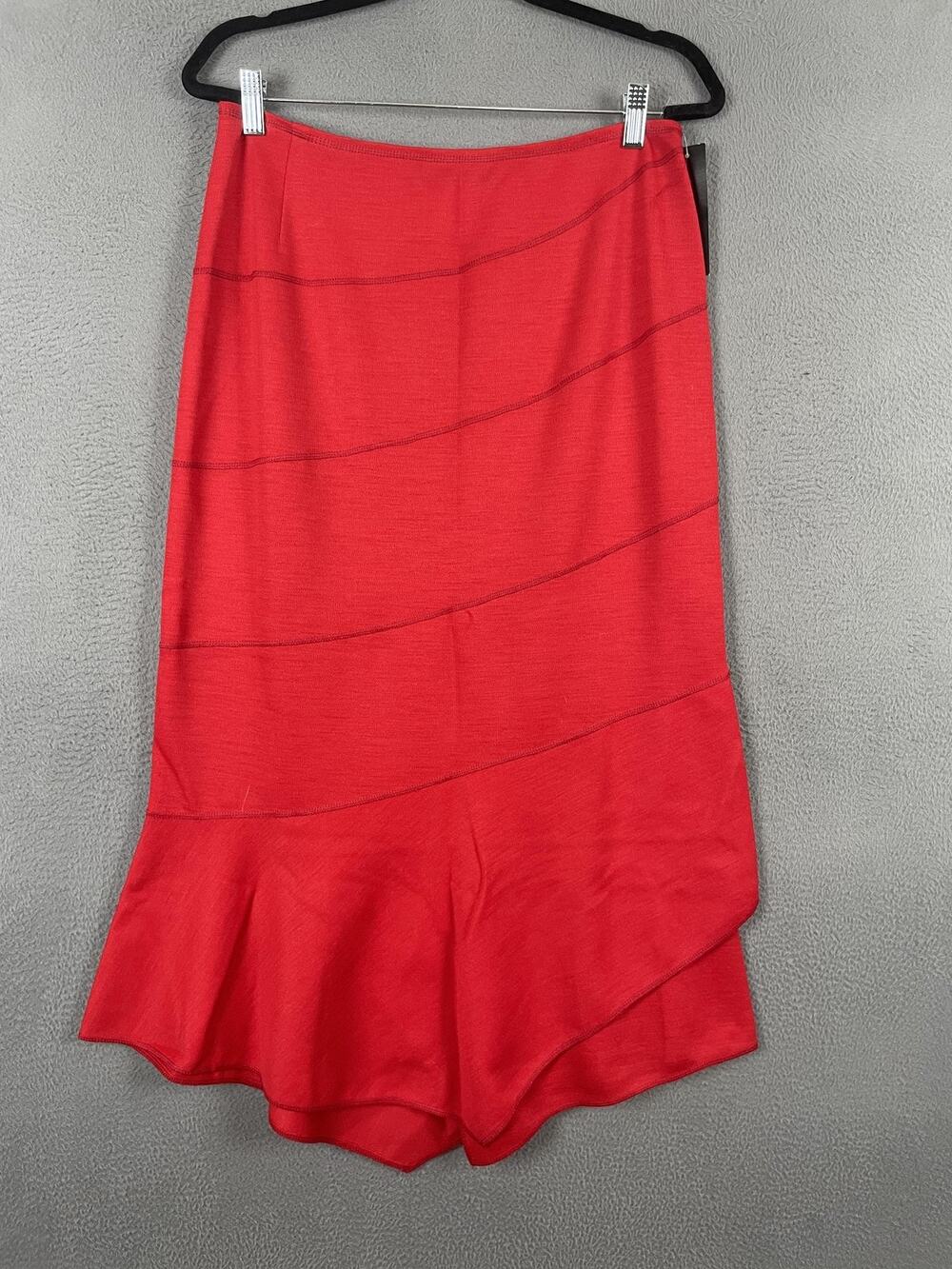 BERN AND MORT Skirt Womens 12 Red Trumpet Midi Wool Ruffle Slit Pull On